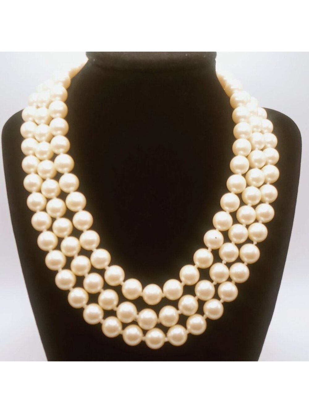Vintage Monet Necklace Triple Strand Cream Faux Pearl Gold Tone Geometric Clasp